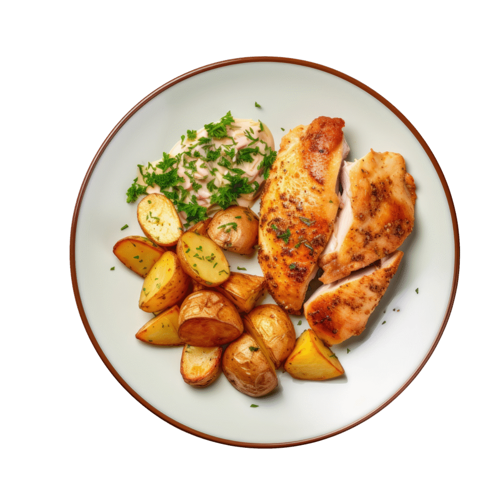 Pierś z kurczaka z pieczonymi ziemniakami, pełnowartościowy posiłek obiadowy