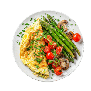 Omelet z szparagami, pomidorkami i grzybami, pełnowartościowy i zdrowy obiad